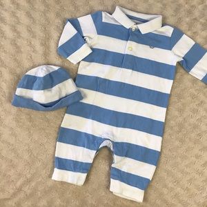 Chaps One Piece Romper & Hat Blue Stripes White